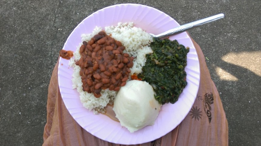 Usually you would eat wali na maharage (rice and beans) or bugali with some type of greens, but Mama Julienne gave me both on this day because she knew my love for bugali. I have a small amount of pilipili (habanero pepper paste) in the center of my plate as well. PC: KSB