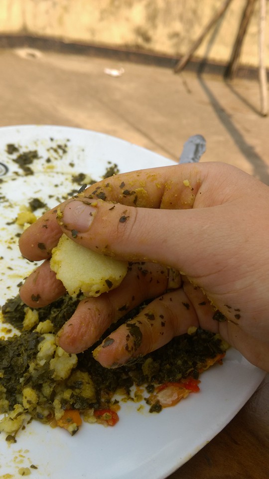 Bugali, aka fufu, is made of boiled maize in east Africa. You roll it in your hand and use it to scoop the greens or other food. It is my favorite. PC: KSB