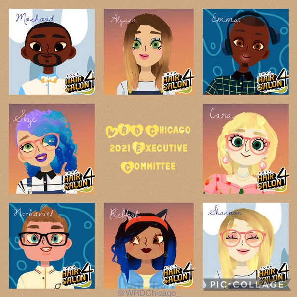 Eight cartoon faces smile out. They are avatars created with Toca Hair Salon 4, representing the 2021 WRD Chicago Executive Committee.